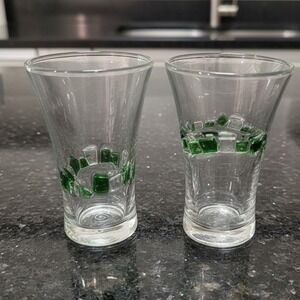 Fused Mosaic Glasses, Set of 2, Vintage Drinkware, Green & Clear Squares Design